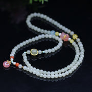 Buddha Stones Natural Hetian Jade Pink Crystal Peace Buckle Happiness Abundance Bracelet Bracelet BS 3