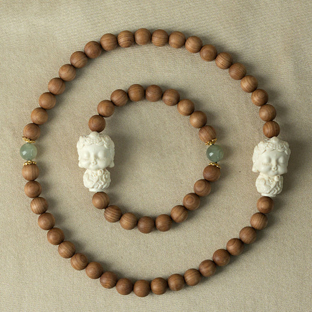 Buddha Stones Sandalwood Hetian Jade Ivory Fruit Green Tara Protection Bracelet Bracelet BS 4