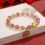 Buddha Stones Year of the Dragon Strawberry Quartz Copper Coin Attract Wealth Charm Bracelet Bracelet BS Strawberry Quartz(Love♥Healing)(Wrist Circumference 14-16cm)