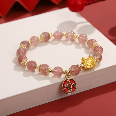 Buddha Stones Year of the Dragon Strawberry Quartz Copper Coin Attract Wealth Charm Bracelet