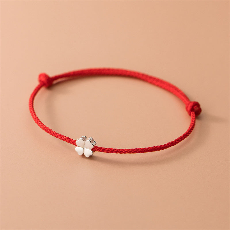 Buddha Stones 925 Sterling Silver Four Leaf Clover Red Rope