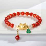 Buddha Stones Year Of The Dragon Natural Red Agate Pink Crystal Black Onyx Dumpling Luck Fu Character Bracelet