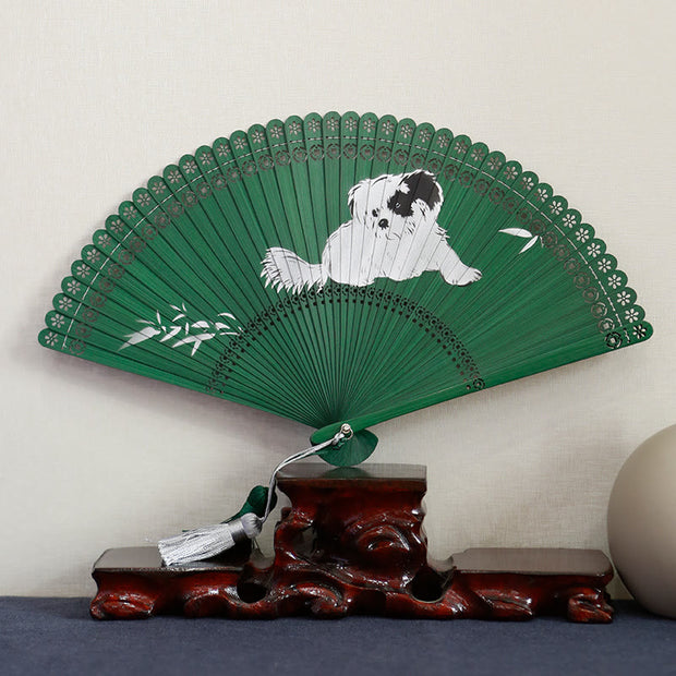 Buddha Stones Dragonfly Floral Hollow Engraved Dog Lotus Leaf Handheld Bamboo Folding Fan