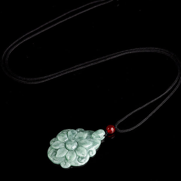 Buddha Stones Natural Jade Kalanchoe blossfeldiana Flower Pattern Luck Necklace Pendant Necklaces & Pendants BS 5