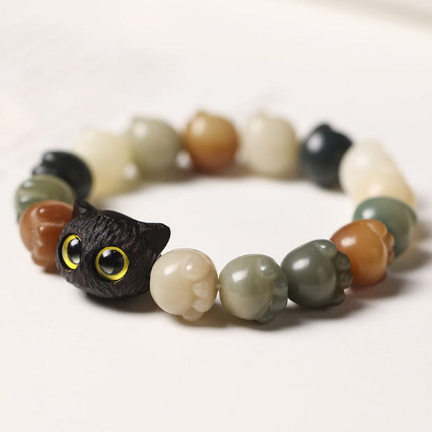 Buddha Stones Natural Bodhi Seed Lovely Paw Ebony Wood Lucky Cat Wisdom Bracelet