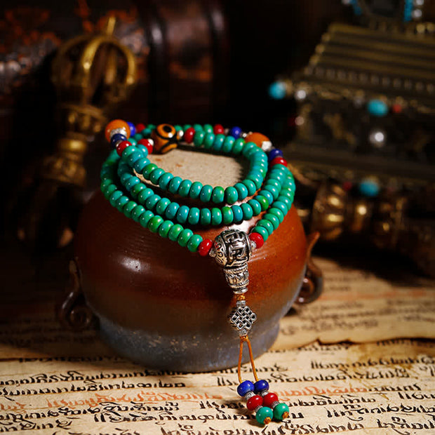 Buddha Stones 108 Mala Beads Tibetan Turquoise Dzi Bead Protection Bracelet Mala Bracelet BS 4