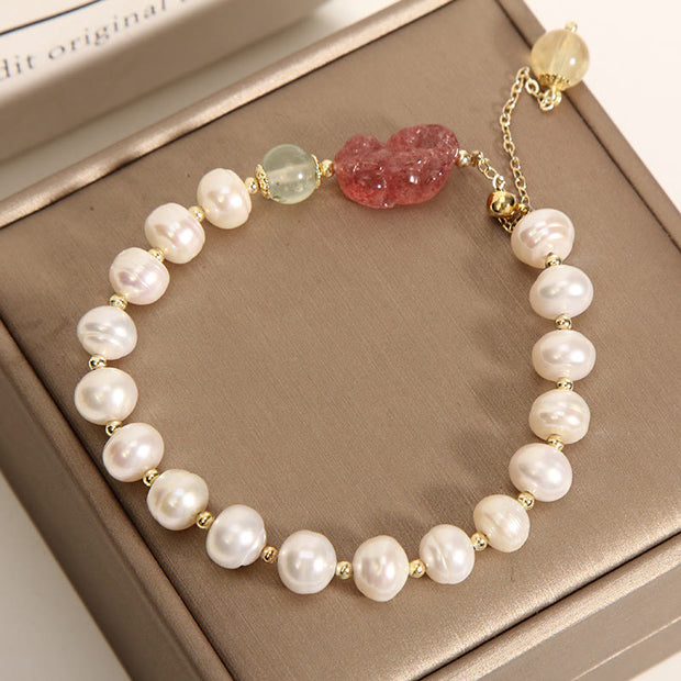 Buddha Stones Natural Pearl Strawberry Quartz PiXiu Optimism Charm Bracelet