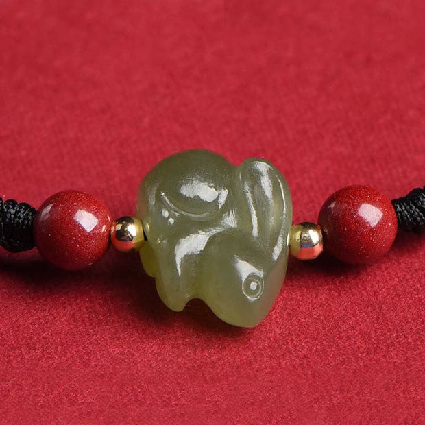 Buddha Stones Year of the Rabbit Hetian Jade Bunny Cinnabar Beaded Abundance String Bracelet Bracelet BS 12