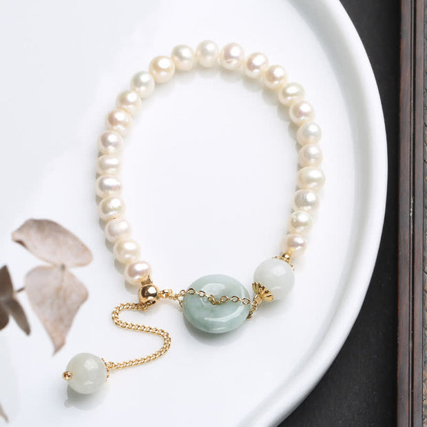 Buddha Stones Natural Jade Pearl Peace Buckle Prosperity Luck Bracelet Bracelet BS Pearl (Healing ♥ Wisdom)