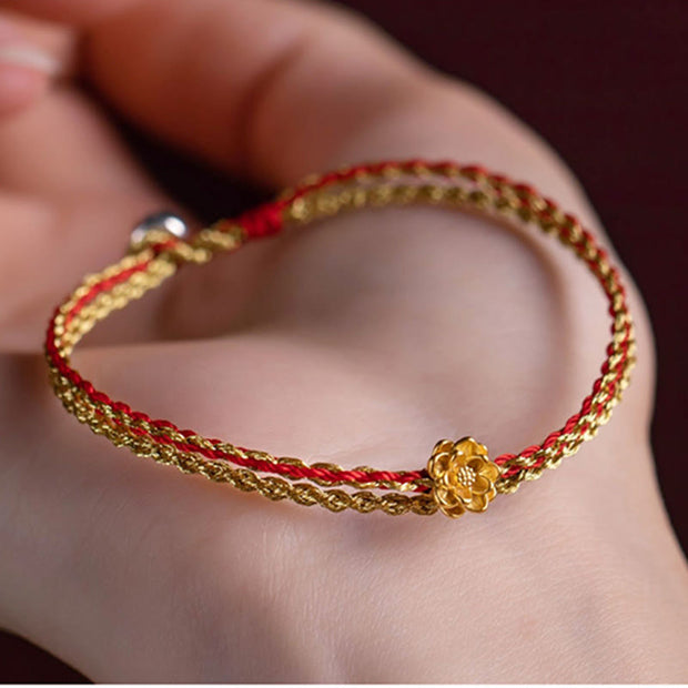Buddha Stones 999 Gold Lotus Handmade Blessing Braid String Double Layer Bracelet Bracelet BS 5