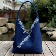 Buddha Stones Handmade Embroidery Pattern Canvas Shoulder Bag Tote Bag Set Bag BS Blue Flower