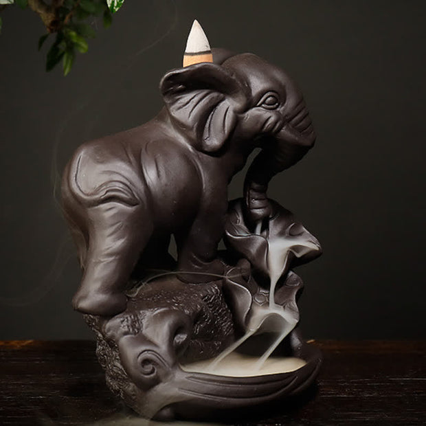Buddha Stones Tibetan Elephant Purple Clay Backflow Smoke Fountain Peace Healing Incense Burner Decoration