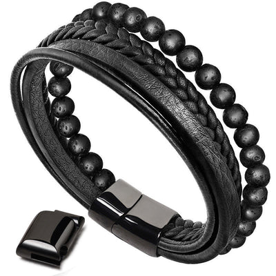 Buddha Stones Natural Lava Rock Black Onyx Bead Leather Bracelet Bracelet BS main