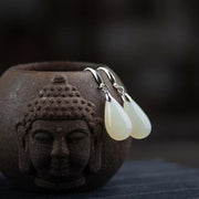 Buddha Stones Hetian White Jade Water Drop Luck Blessing Dangle Earrings Earrings BS 3