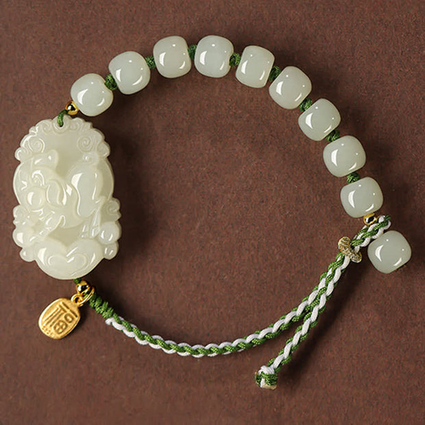 Buddha Stones 925 Sterling Silver Chinese Zodiac Hetian Jade Happiness Luck String Bracelet Bracelet BS Pig