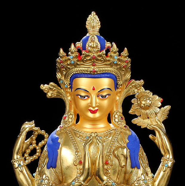 Buddha Stones Chenrezig Four-armed Avalokitesvara Protection Copper Gold Plated Statue Decoration Decorations BS 8