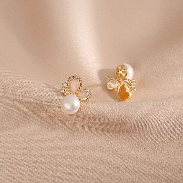 Buddha Stones 18K Gold Pearl Butterfly Love Freedom Stud Earrings Earrings BS 9