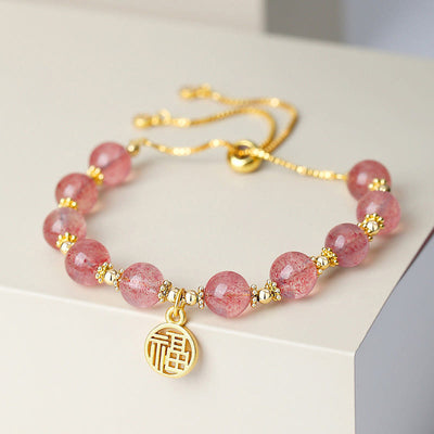 Buddha Stones 14K Gold Plated Natural Strawberry Quartz Fu Character Positive Charm Bracelet Bracelet BS Strawberry Quartz(Love♥Healing)(Wrist Circumference 15-18cm)