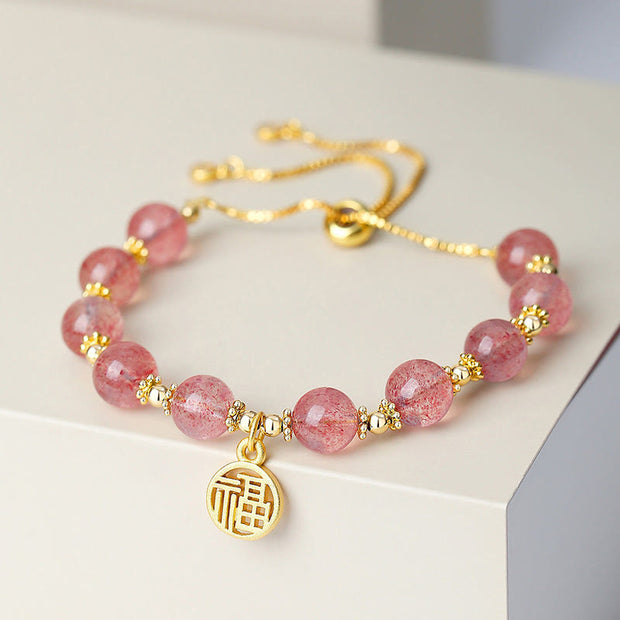 Buddha Stones 14K Gold Plated Natural Strawberry Quartz Fu Character Positive Charm Bracelet