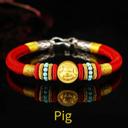 Buddha Stones 999 Gold Chinese Zodiac Om Mani Padme Hum King Kong Knot Protection Handcrafted Bracelet Bracelet BS Pig 19cm