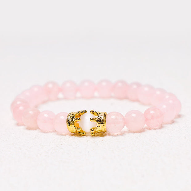 Buddha Stones Natural Stone King&Queen Crown Healing Energy Beads Couple Bracelet Bracelet BS Rose Quartz