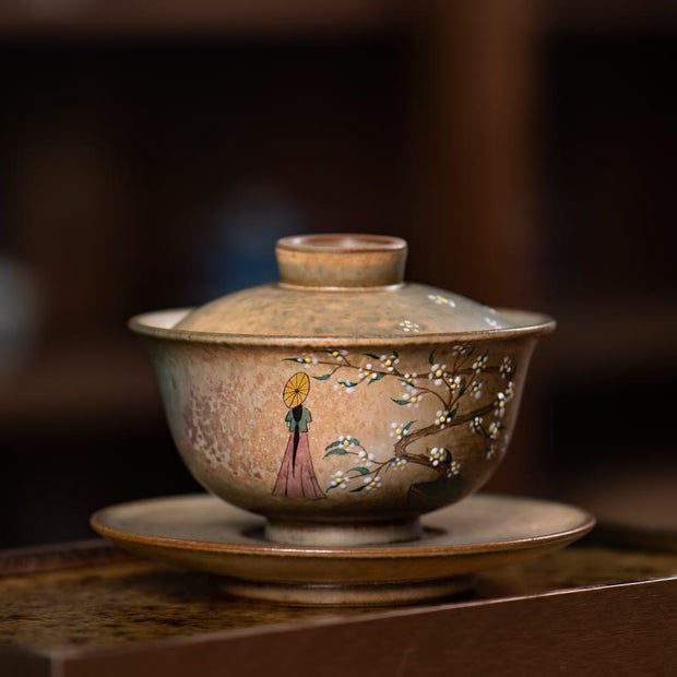 Buddha Stones Jingdezhen Hand Painted Ru Kiln Porcelain Hanfu Girl Flower Ceramic Gaiwan Sancai Teacup Kung Fu Tea Cup And Saucer With Lid