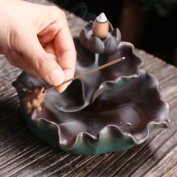 Buddha Stones Lotus Flower Leaf Frog Butterfly Pattern Healing Ceramic Incense Burner Decoration Incense Burner BS 7
