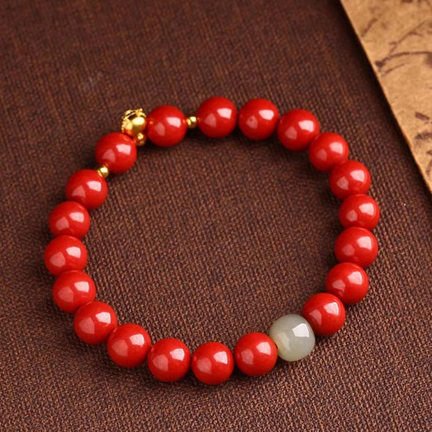 Buddha Stones 999 Gold Year of the Dragon Natural Cinnabar Jade Copper Coin Fu Character Blessing Bracelet Bracelet BS 15