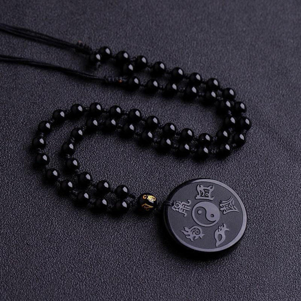 Buddha Stones Natural Black Obsidian Taoism Five Sacred Mountains Nine-Character Mantra Carved Strength Yin Yang Necklace Pendant Key Chain Necklaces & Pendants BS Black Obsidian&Bead Chain