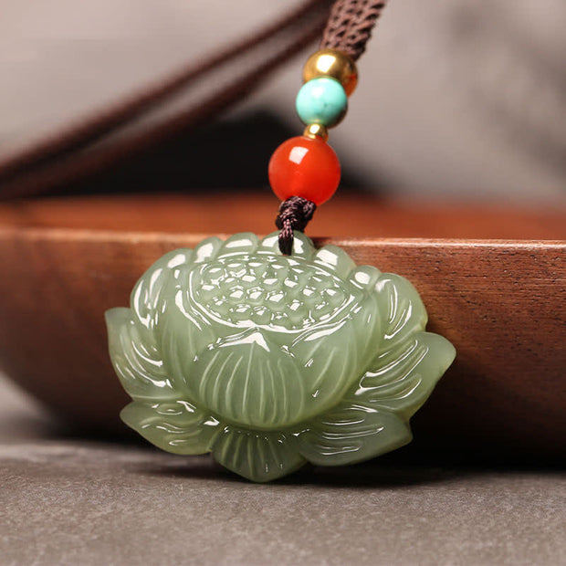 Buddha Stones Hetian Cyan Jade Lotus Flower Success Necklace Pendant Necklaces & Pendants BS 1