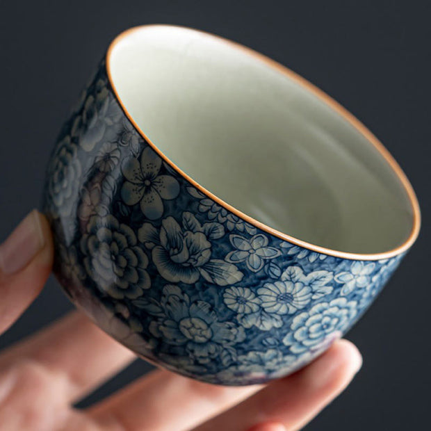 Buddha Stones Blue Lotus Peach Blossom Chrysanthemum Design Ceramic Teacup Kung Fu Tea Cups