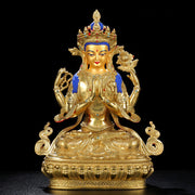 Buddha Stones Chenrezig Four-armed Avalokitesvara Protection Copper Gold Plated Statue Decoration Decorations BS 9