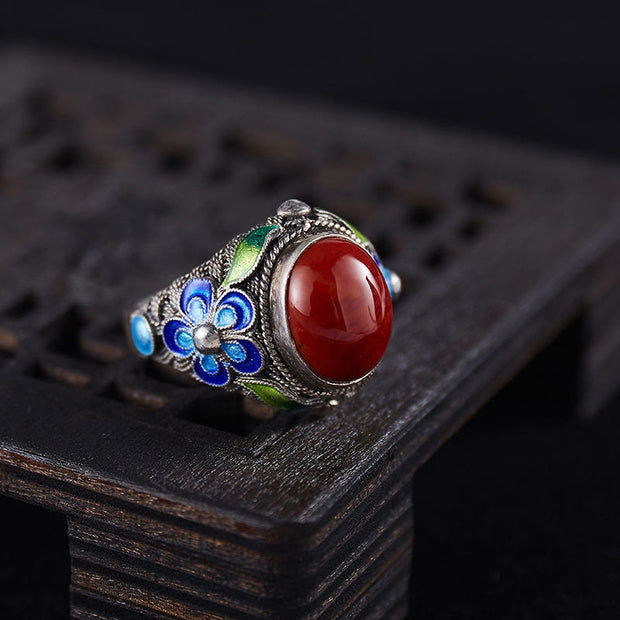 Buddha Stones Red Agate Blue Flowers Leaf Calm Ring