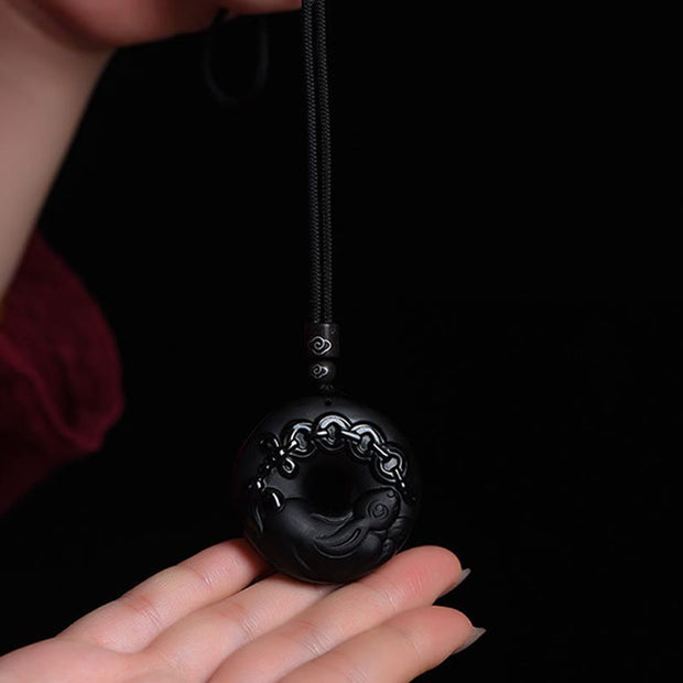 Buddha Stones Chinese Zodiac Natural Black Obsidian Peace Buckle Strength Necklace Pendant Necklaces & Pendants BS 9