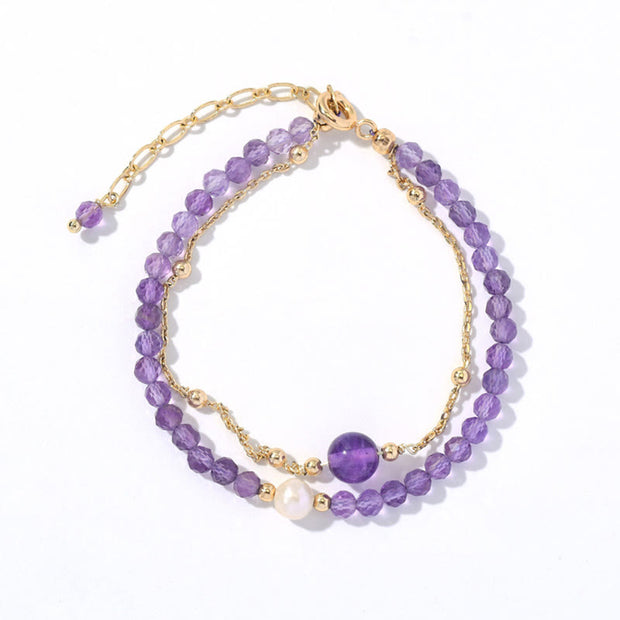 Buddha Stones 14K Gold Plated Amethyst Crystal Healing Double Layer Chain Bracelet