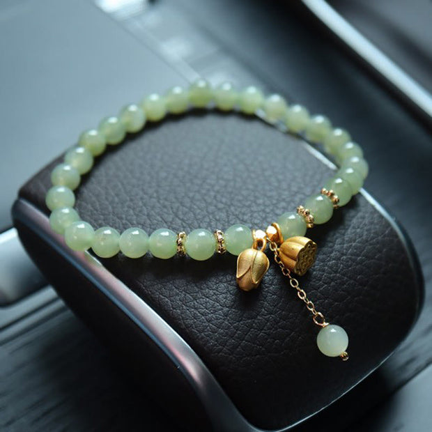 Buddha Stones 925 Sterling Silver Plated Gold Natural Hetian Jade Bead Gourd Lotus Bamboo Fu Character Luck Bracelet Bracelet BS Hetian Jade Lotus Bead(Wrist Circumference 14-16cm)