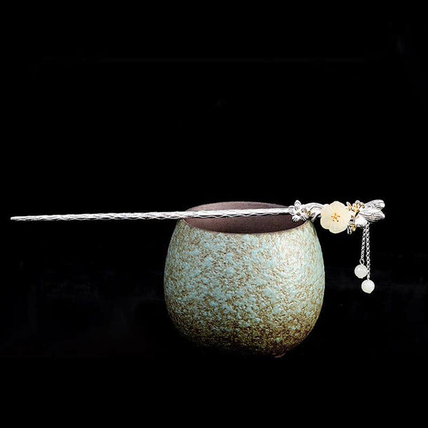 Buddha Stones 925 Sterling Silver Hetian White Jade Flower Blessing Hairpin Decorations BS 7