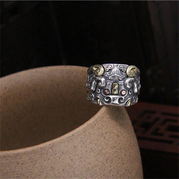 Buddha Stones 925 Sterling Silver Fengshui Kui Cattle Protection Adjustable Ring Ring BS 7