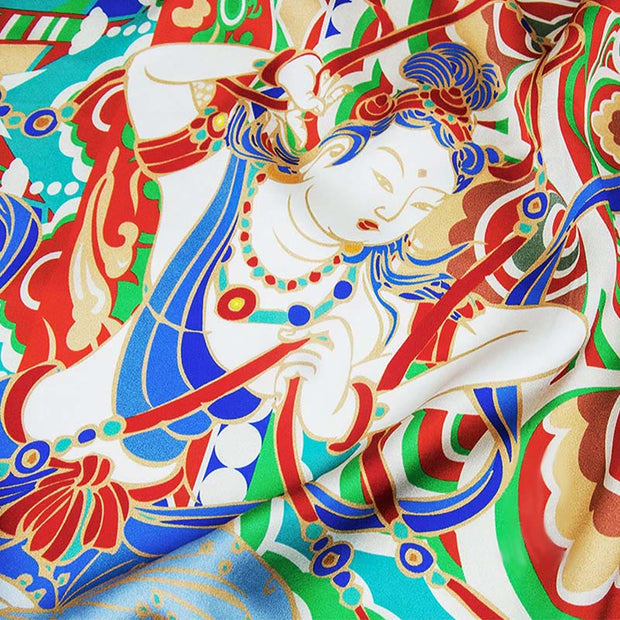 Buddha Stones Dunhuang Musician Playing Frescoes 100% Mulberry Silk Scarf Premium Grade 6A Dunhuang Silk Shawl