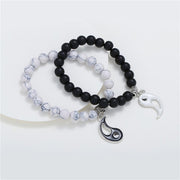 Buddhastoneshop 2pcs Natural Black Onyx White Turquoise Bead Yin Yang Couple Bracelet