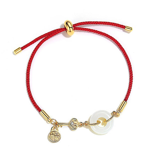 Buddha Stones 18K Gold Plated Hetian Jade Peace Buckle Fu Character Luck Red Rope Bracelet Bracelet BS 13