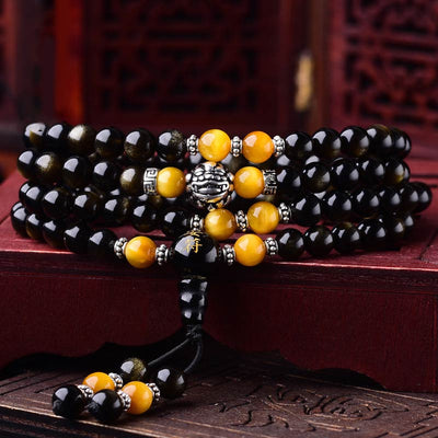 Buddha Stones 108 Beads Black Obsidian Tiger Eye Lazurite Mala Bracelet Mala Bracelet BS Gold Sheen Obsidian&Tiger Eye-8mm