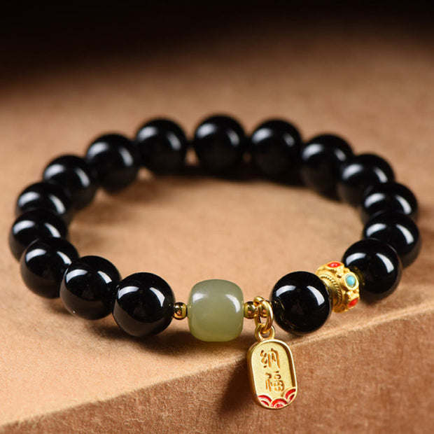 Buddha Stones Black Onyx Hetian Jade Bead Lucky Fortune Charm Bracelet Bracelet BS 10mm