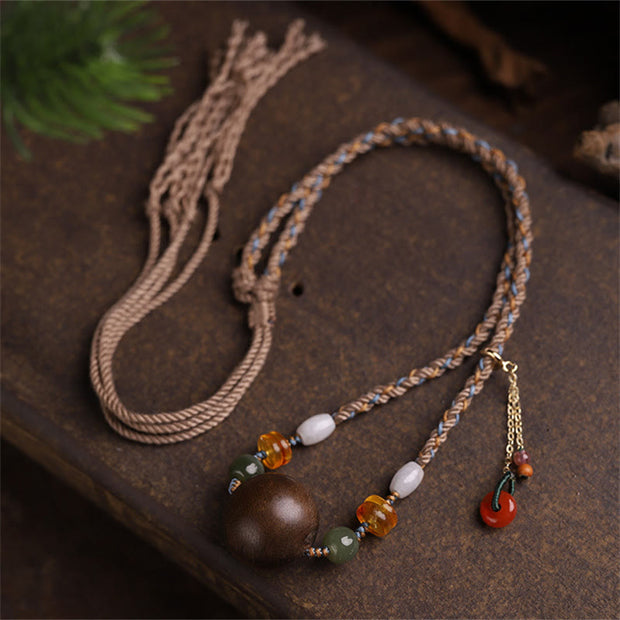 Buddha Stones Bai Qinan Agarwood Bead Luck Strength String Necklace Pendant
