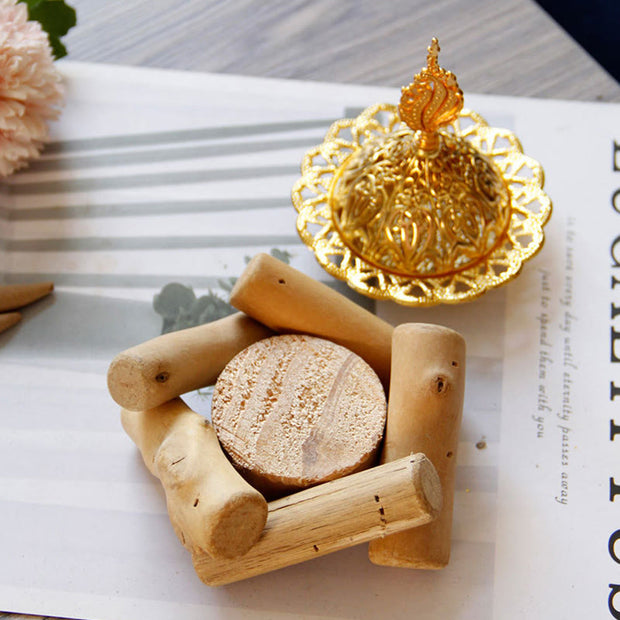 Buddha Stones Gold Alloy Healing Mini Incense Burner With Wooden Coaster Home Decor