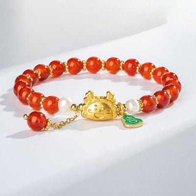 Buddha Stones Year Of The Dragon Natural Red Agate Pink Crystal Black Onyx Dumpling Luck Fu Character Bracelet Bracelet BS Red Agate(Confidence♥Calm)(Wrist Circumference 14-16cm)