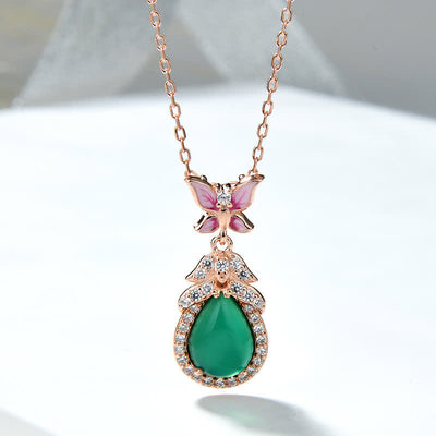 Buddha Stones 925 Sterling Silver Green Chalcedony Butterfly Zircon Courage Necklace Pendant Necklaces & Pendants BS Rose Gold