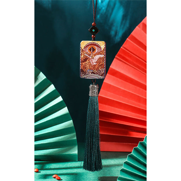 Buddha Stones Vintage Handmade Auspicious Crane Ebony Wood Balance Tassel Car Hanging Decoration