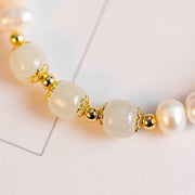 Buddha Stones 14K Gold Plated Natural Pearl Hetian Cyan Jade White Jade Sincerity Bead Chain Bracelet Bracelet BS 15