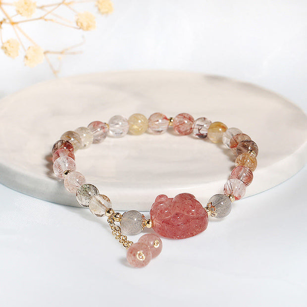 Buddha Stones Natural Strawberry Quartz Cat Paw Claw Colorful Rutilated Quartz Moonstone Love Bracelet